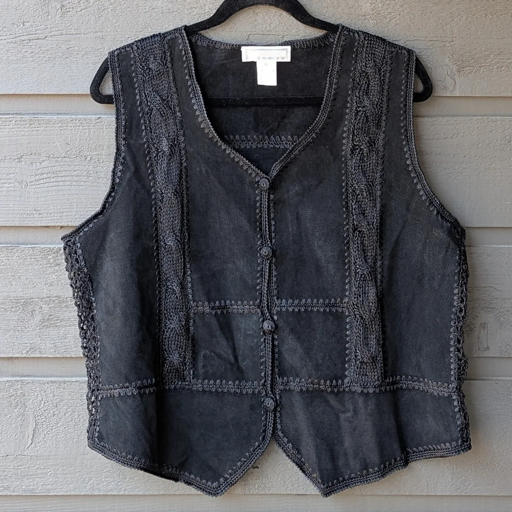 VTG 80s Black Suede Leather Crochet Patchwork Vest Size XL - Picture 6 of 6